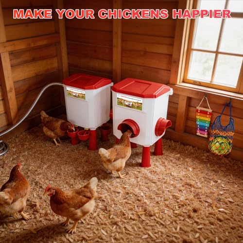 Chicken Feeder and Waterer Set, 2 Gallon Automatic Chicken Waterer with Float Valve, 26.5 Pounds Chickens Feeders No Waste with Vegetable Net & Xylophone Toy, Standing/Hanging Use for Poultry