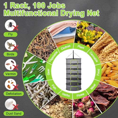 LUKETURE 6-Layer Hanging Herb Dryer Rack - with U-Zipper Mesh Net & Hook, Foldable Collapsible Drying Rack for Plants, Herbs, Flowers, Fish, Jerky, Laundry