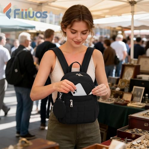 Mini Backpack for Women, Anti Theft RFID Small Travel Backpack | Compact Backpack with Built-in RFID Wallet(5 Slots) & Coin Purse, 10-Pocket Fits 11" Tablet, Puffer Nylon, Daily & Work - color: Black