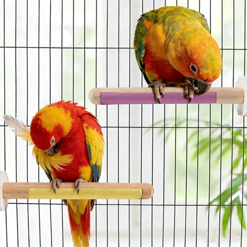Wooden Bird Perch Stand with Grinding, 2Pcs Parrot Cage Stand Branch, No Hurt Foot Claw Grinding Bird Perch for Cockatiels, Parakeets, Lovebirds - color: Purple+Yellow