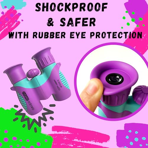 Kids Binoculars Ages 3-12, 8x21 Compact Shockproof Purple | bird watching, hiking, outdoor adventures, includes carry case, neck strap, compass, carabiner, high resolution optics - color: Purple