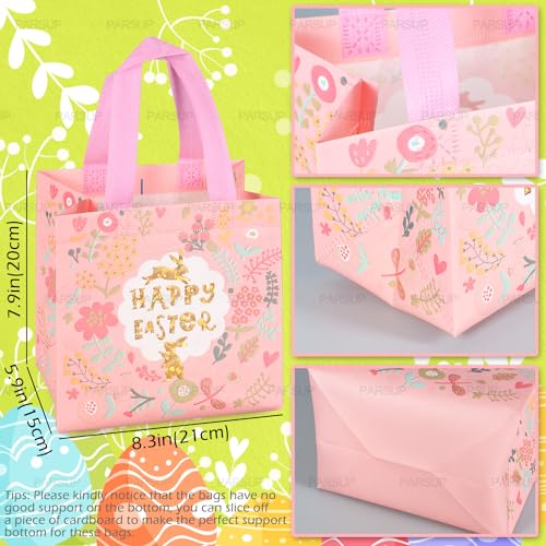 12PCS Happy Easter Egg Hunt Bags Easter Bunny Carrot Chick Egg Gift Bags with Handles, Easter Treat Bags, Easter Party Supplies , 8.3×7.9×5.9inch - color: Foil Blue Yellow Pink