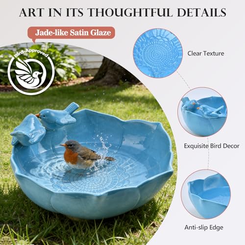 Glazed Ceramic Bird Bath Bowl Outdoor, 10.1" Dia, UV/Frost-Resistant | Ground Birdbath and Feeders for Outside, Table Top Bird Baths, Garden Patio Yard Decor, Easy to Maintain, with Texture, Blue - color: Blue