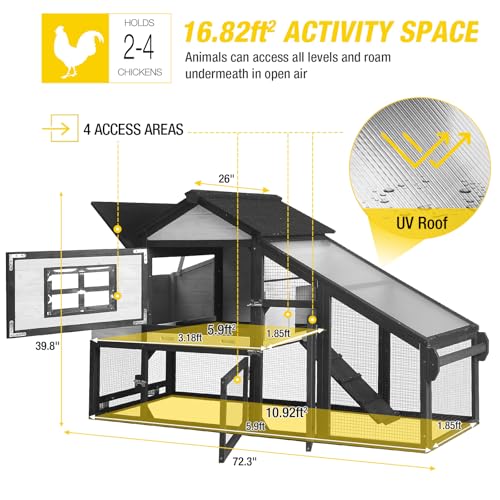 Aivituvin Mobile Chicken Coop with Wheels for 2-4 Chickens, Backyard Expandable Chicken House Duck Cage with Run, 2 Nesting Boxes, Easy Clean Pull-Out Tray, Leak-Resistant Asphalt Roof, 72.3"(Black) - color: Black, size: 72.3"L x 26.0"W x 39.4"H