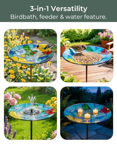 Glass Bird Bath Small Birdbath for Garden Decor, Blue | 10.6" Bowl, 26" Height 4-Prong Stable Stake Easy to Clean Outdoor Bath or Feeder for Hummingbirds & Small Birds, Handcrafted