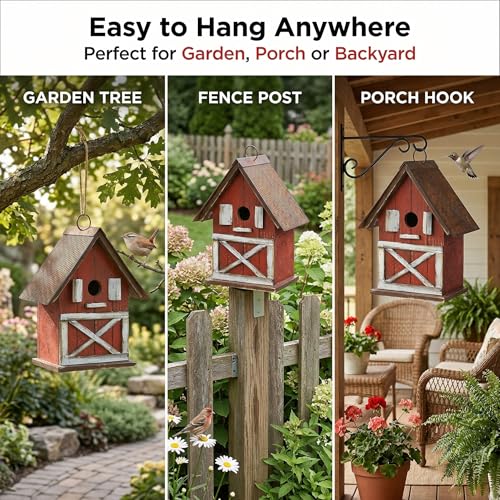 Topadorn Rustic Barn-Style Wooden Birdhouse, 10.5" Hanging Bird House | Bird House with Metal Roof, Easy Clean for Bluebirds Cardinals Chickadees, Outdoor Garden Decor