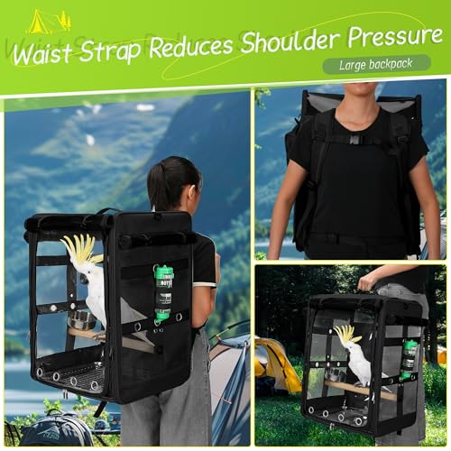 Bird Carrier Travel Cage, Cockatoo Carrier, Parrot Travel Backpack with Unbreakable Stainless Steel Mesh, Perch, Water Bottle and Food Bowl, X-Large Black - color: Black, size: 17.5"L x 14.8"W x 23.6"H