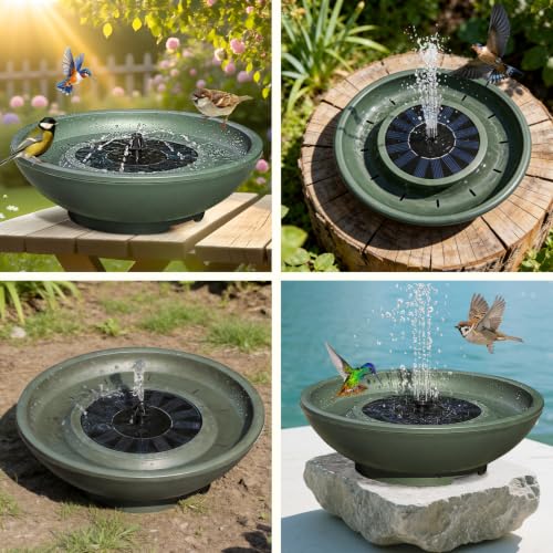 Solar Fountain Bird Bath for Outside, 12.5" Outdoor Green Birdbath Bowl Fountain with 6 Nozzles Freestanding Ground Bird Playing Bowl for Garden/Patio/Yard/Balconies and Lawns Decor