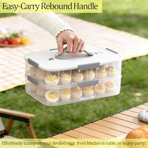 VitalYang Deviled Egg Container with Lid, Double Layer Egg Container, 36 Count Deviled Egg Tray- Secure Lock & Handle, Stackable, Leak-Proof Design for Parties & Catering, White - color: White