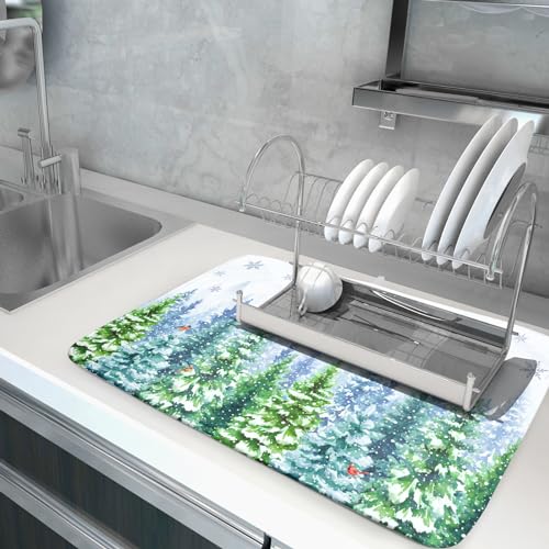 Winter Forest Dish Drying Mats - Snowflake Birds Dish Drainer Mat 18x24 Welcome Christmas Dish Draining Mat Watercolor Wildlife Tree Drying Pad for Kitchen Counter Sink - color: Winter Forest Bird, size: 24" x 18"