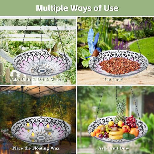 Hanging Bird Baths Outdoor Glass Flower Birdfeeder Garden Yard Decor | 12 Inch Hanging Bird Bath for Outside, Flower Glass Bird Water Bowl Bird Feeder for Garden, Lawn and Yard Decor - color: lotus