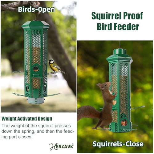 Squirrel Proof Bird Feeders with Removable Base, Metal Wild Bird Feeder for Outdoors Hanging, 6 Weight-Activated Ports Perches, 3LB Seed Capacity(Green) - color: Green