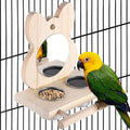 Wood Parrot Perch Mirror Feed Cups, Bird Cage Toy Small Medium Parrots | Dual food water feeding cups, sturdy wooden stand, fits budgie, parakeet, cockatiel, lovebird, african grey and macaw