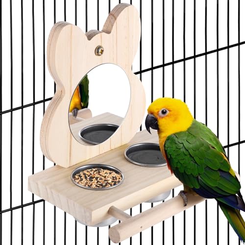 Wood Parrot Perch Mirror Feed Cups, Bird Cage Toy Small Medium Parrots | Dual food water feeding cups, sturdy wooden stand, fits budgie, parakeet, cockatiel, lovebird, african grey and macaw