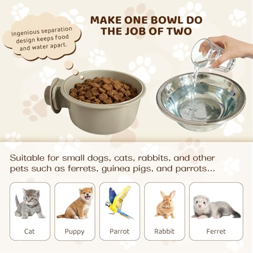 2Pcs Pets Lightweight Stainless Steel Bowl,Removable Stainless Steel Pet Hanging Food Water Feeder Bowl for Puppy Dog Cat Rabbit Ferret Bird Gunea Pigs (Gray-Medium) - size: Gray-Medium