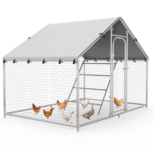 10 x 5 x 6.4 FT Metal Chicken Coop, Chicken Run with Cover | Walk-in Chicken Coop,Side Hardware Cloth,Waterproof Cover,Roosting Perch,Reinforced frame,Backyard & Farm Use - size: 59.9"L x 120.0"W x 78.0"H