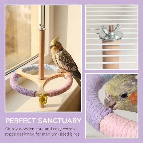 Bird Stand Perch Toy, Rotating Exercise Wheel, 8 inches Wooden Perch with Bells, Cage Accessories for Parakeet, Budgie, Cockatiel