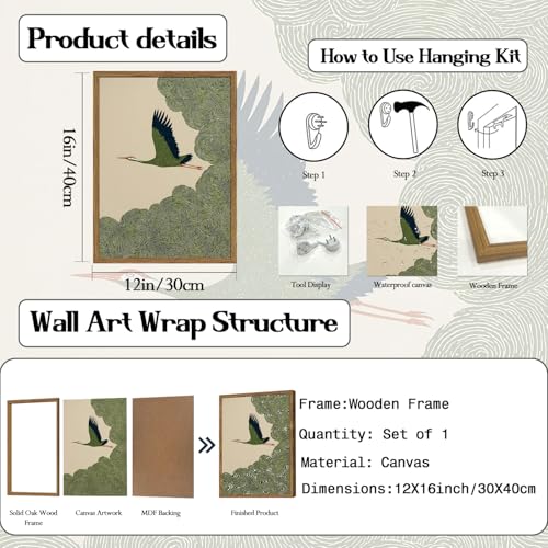 Japanese Crane Wall Art, Vintage Japan Bird Wall Decor Painting Rustic Green Flying Crane Poster Canvas Prints Picture for Bedroom Living Room Farmhouse 12x16 inch Wood Framed - color: Animal-L, size: 16"L x 12"W