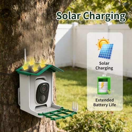 Smart Hanging Bird Feeder with Camera Solar Powered & AI Bi rd Identification, 2.4Ghz WiFi Bird feeders for Outdoors,2.1L Capacity, IP65 Waterproof,Mobile Remote Control,Full-ColorNight Vision