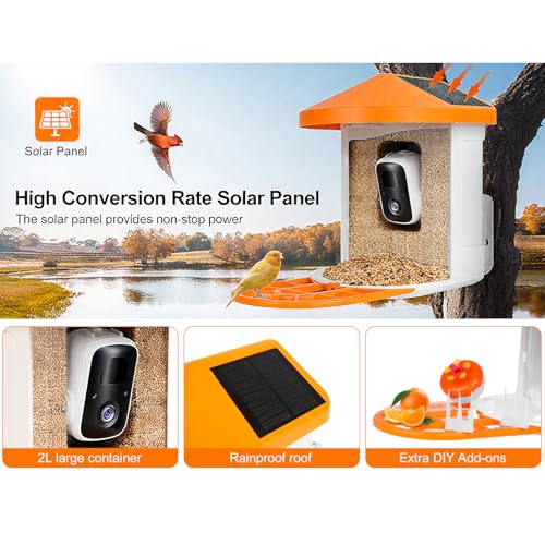 5W Solar Powered Bird Feeder with Camera - Smart Birdfeeder with 64GB SD Card, 2K Live View, AI Identification, Weatherproof Outdoor Bird Feeder for Backyard, Night Vision & Auto Capture