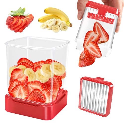 Strawberry Slicer Cup, Fruit Cutter – Quick-Slice for Meal Prep, Red | Dual-Function Base, Easy-Clean & Storable – 304 Stainless Steel Blade – Quick & Safe Slicing Kitchen Gadget - color: Red
