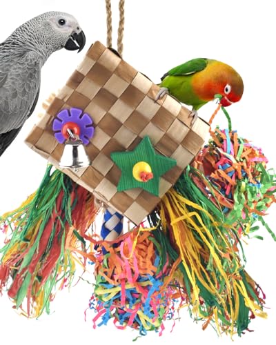 Bissap Bird Chew Toys, Parrot Foraging Shredder Natural Palm Frond Hanging Cage Toy for Conure Lovebird Budgie Cockatiel African Gray Cockatoos Amazon and Similar Sized Pet Birds - Flat Square - style: Flat Square