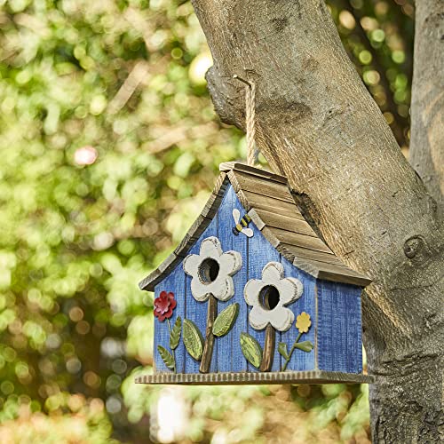 Glitzhome Hanging Birdhouses for Outdoors, 10.75" L Distressed Solid Wood Birdhouse Bird Nesting Box with 3D Flowers Rustic Hand-Painted Bird Houses for Outside - color: 3D Flowers Washed Blue