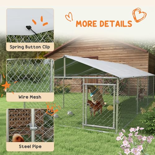 PawHut Outdoor Dog Kennel, Heavy Duty Dog Run Outdoor Fence with Waterproof Cover, Galvanized Chain Link, Secure Lock, for Large Sized Breeds, Chickens, Ducks, 20' x 7.5' x 5' - size: 236.2"L x 90.6"W x 59.1"H