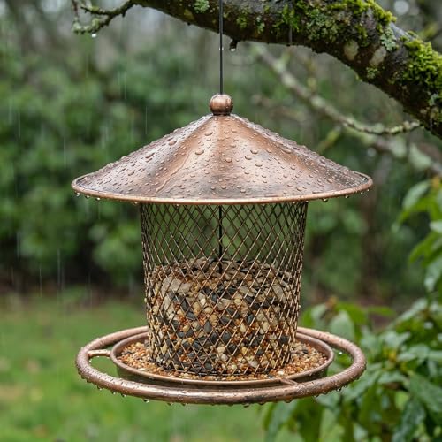 Bird Feeder, Weatherproof Wild Bird Feeders for Outdoors | Birds Feeding Station Metal Round Roof Birdfeeder for Garden Yard Outside Hanging Decor