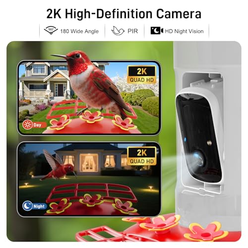 Hummingbird Feeder with Camera Outdoor, Solar Powered Hanging Bird Feeder | Ant Moat & Bee-Proof, AI Bird ID, HD 2K, Instant App Alerts, Auto Capture, Garden Gift for Hummingbird Lover & Mom Dad, 21oz - color: Red