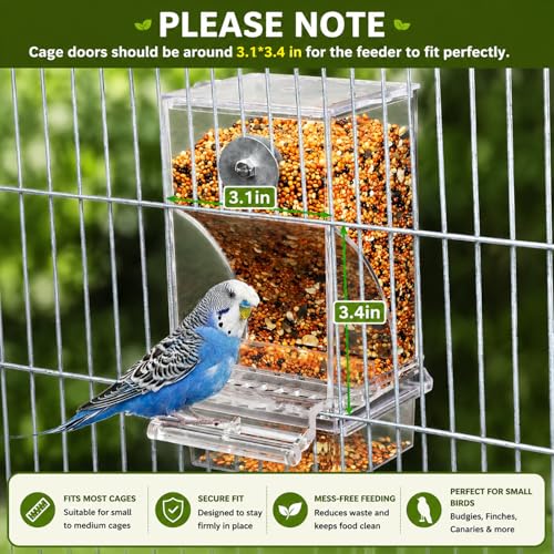 Rypet No-Mess Automatic Bird Feeder, Parakeet Cage Accessories | Transparent Acrylic Food Level Check, Helps Reduce Seed Scatter, for Small Birds Cockatiel Parrot Canary - color: Transparent