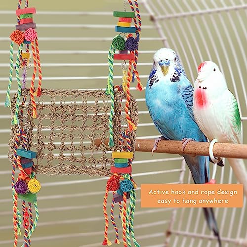 Bird Foraging Wall Toy, Parrot Chewing Toys Seagrass Woven Hammock Swing Mat with Colorful Ropes Wooden Blocks for Parakeets, Lovebirds, Cockatiels, Conures (Hammock Swing) - style: Hammock Swing