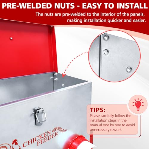 Chicken Feeder, 6 Feeding Ports, 35lbs Capacity Metal Feed Box with Handle and Feeding Lid, Automatic Chicken Feeders No Waste