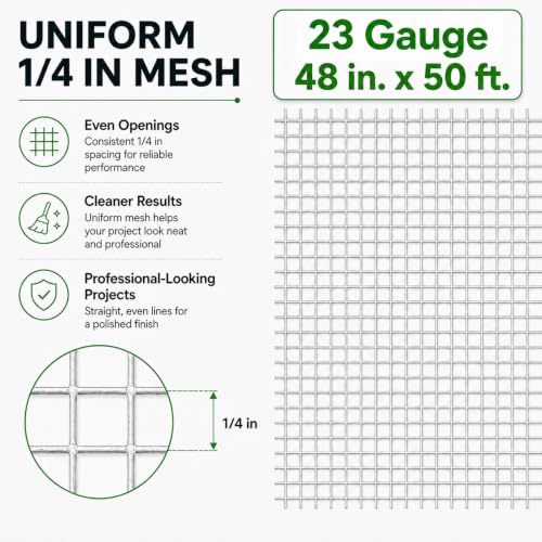 GoldPeak Hardware Cloth 1/4 inch Wire Mesh 48'' x 50' 23 Gauge | Hot-dip Galvanized After Welding, Chicken Wire Fencing Wire Fence Roll Welded Wire Fencing Wire Cloth Snake Fence - size: 1/4 inch 48'' x 50'