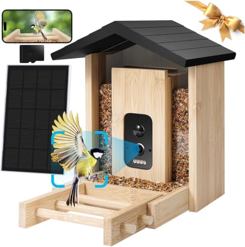 Smart Bird Feeder with Camera, 2.5K HD Camera Bird Feeder, AI Identify, Solar & Battery Powered, Auto Capture & Notify in Time, Bamboo Wooden, Ideal Gift for Family(1.55L)