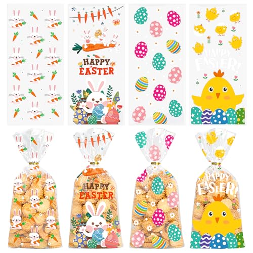 Doneace Easter Treat Bags Clear Easter Cellophane Bags for with Twist Ties for Candy Goodie Cookies Sweet and Gifts Packaging 4 Style Platstic Party Favors Bags 50PCS