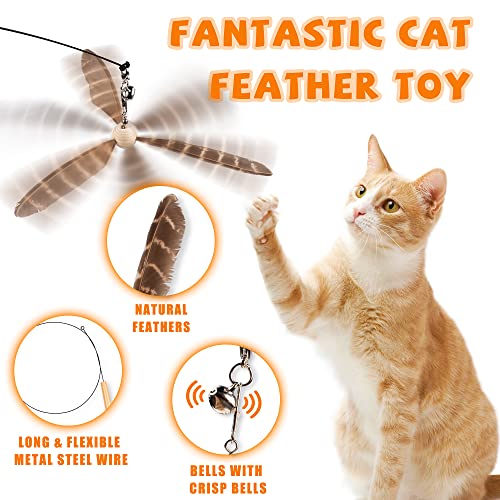 JXFUKAL Cat Wand Toys, Interactive Cat Toys with 3 Feather Refills, 29'' Flexible Steel Wire, Sturdy Wood Handle & Bell for Kitty Kitten, Cat Toys for Indoor Cats Teaser Cat String Toy - color: Set A