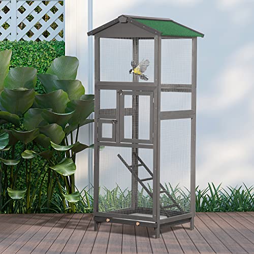 PawHut 65" Wooden Bird Cage Outdoor Aviary House for Parrot, Parakeet, with Pull Out Tray and 2 Doors, Grey | for Parrot, Parakeet, with Pull Out Tray, 2 Doors