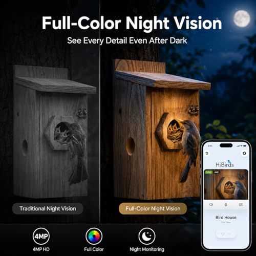 Smart Bird House with Camera, Wooden Birdhouse for Outdoor Bird Watching, App Live View, Color Night Vision, Motion Detection, 2-Way Audio, Waterproof Bird Nesting Box - color: Natural Walnut, size: Wired Edition