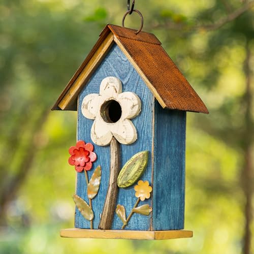 Glitzhome Hanging Bird House for Outdoor, 10.2" H Decorative Birdhouse Pet Cottage Distressed Wooden Bluebird House with 3D Flowers for Outdoor Patio Garden, Washed Blue - color: 10.2"H Flower Washed Blue