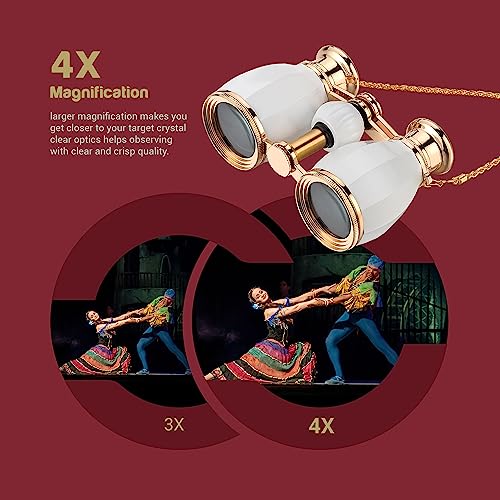 ESSLNB Opera Glasses Binoculars for Women Adults 4X30mm Theater Glasses Compact Binoculars for Theater and Concerts Antique with Case Removable Chain White - color: White