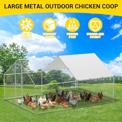 Large Walk-in Metal Chicken Coop for 20 Chickens,Heavy Duty Reinforced Wire Mesh Run with All-Weather Waterproof & Anti-UV Cover,Secure Lock - Outdoor Poultry Pen for Chickens,Ducks (Spire Roof) - color: Upgrade Peaked Roof, size: 9.8 x 13.1 x 6.6 FT