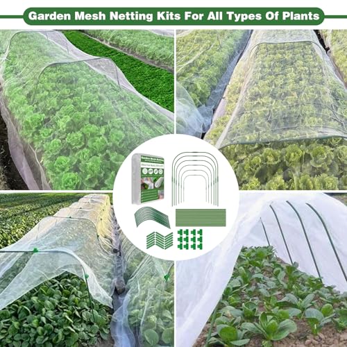Garden Mesh Netting Kit, 10x33FT Ultra Fine Mesh Netting with 6 Sets Fiberglass Garden Hoops & 12 Clips for Tree Fruit Barrier Vegetable Fruits Flowers Shrubs Plant Covers Net