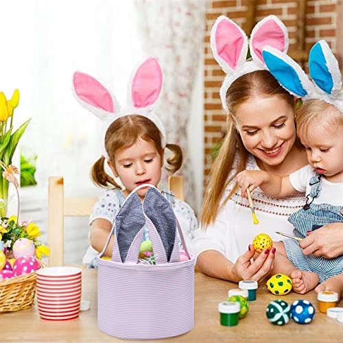 Easter Basket Seersucker Egg Hunt Bunny Baskets for Kids with Cute Rabbit Ears Stripe Storage Gifts Candies Personalized Easter Party Gifts.…… - color: Bspurple0