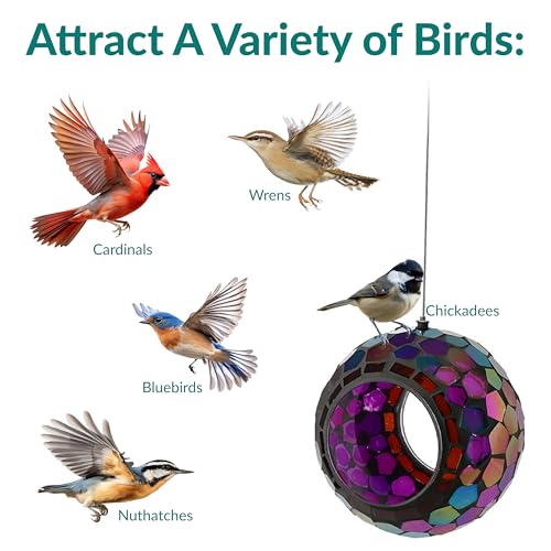 Sunnydaze Mosaic Glass Bird Feeder, Fly-Through, Iridescent Purple Mosaic | 6" Small Unique Hanging Bird Feeder for Outdoors, Drainage Hole, Weather-Resistant, Birdfeeder for Cardinals, Jays, & Finches - color: Iridescent Purple Mosaic