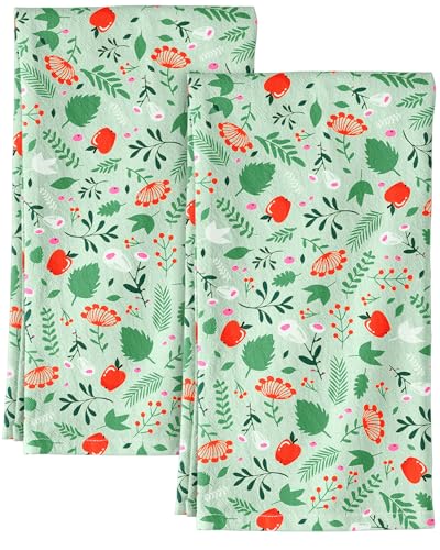 150GSM Flour Sack Kitchen Towels Set of 2, Green Leaf Fruit | 18"x26", Lightweight, Lint-Free, Pure Cotton, Decorative, with Hanging Loop, Absorbent, Softer after Wash, Giftable Package - color: Green Leaf Fruit