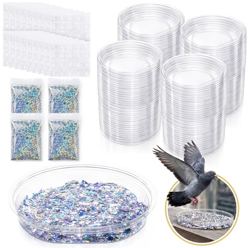 Qinyoung 100 Pack Bird Repellent Gel Trays (Gel Not Included) Clear PET Plastic Dishes with Holographic Reflectors for Outdoor Bird Deterrent, No Mess Application for Roof, Ledges, Beams, Signs