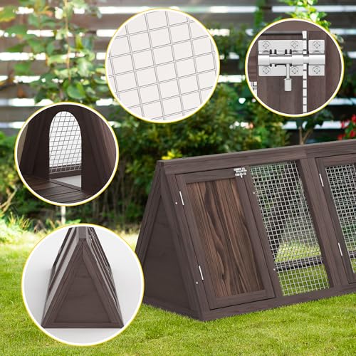 Outdoor Chicken Coop Wooden A-Frame Small Animal Coop Rabbit House Quail Cages with Outdoor Runs & Ventilated Wire Fence Suitable for Garden Backyard Farms 47 x 18 x 19.5 in (Brown) - color: Brown