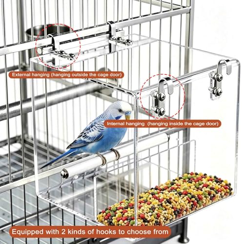 Hanging No Mess Bird Feeder for Cage, Transparent Acrylic Bird Feeder Cage | Bird Feeder Cage with Stainless Steel Hooks for Parrots, Canary, Budgerigar, Cockatiel, Lovebird, Parakeet - size: 5.1"L x 4.3"W x 5.1"H