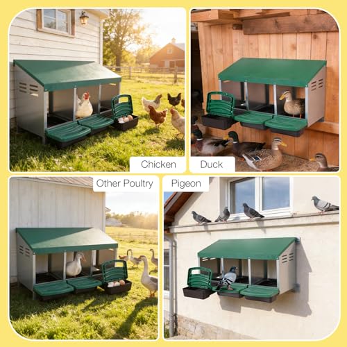 Aivituvin Chicken Nesting Box, 3 Compartments Chicken Egg Laying Box, Metal Nesting Boxes with Swing Perch for Chickens, Roll Away Egg Collection for Chicken Coop (Green) - color: Green